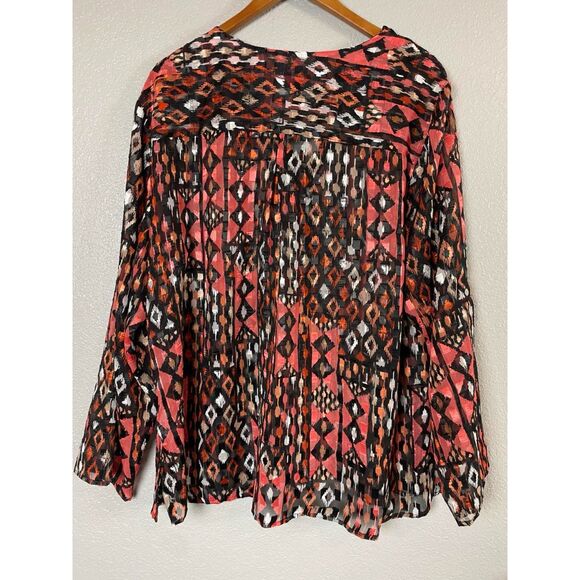 Ruby Rd. Women's Plus Size 20W Red Black Blouse Printed Sheer Roll Tab Sleeve - Picture 2 of 9
